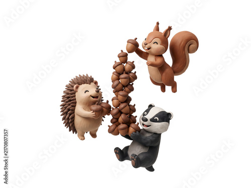 Hedgehog Brown Squirrel And Eurasian Badger Playing Together And Building Acorn Tower