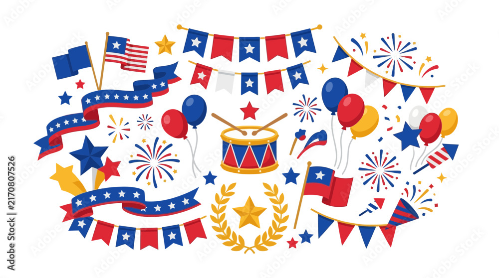 Fototapeta premium USA Independence Day Celebration Elements: Flags, Balloons, Fireworks, Banners & Drum