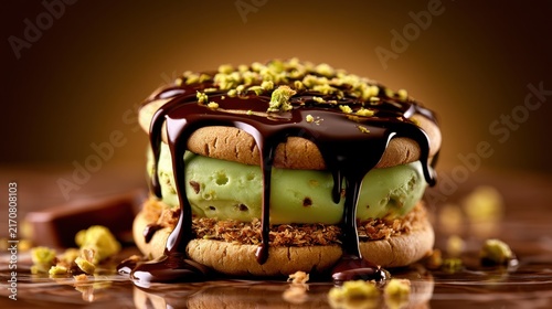 A delicious dessert featuring green ice cream sandwiched between two brown cookies, drizzled with chocolate