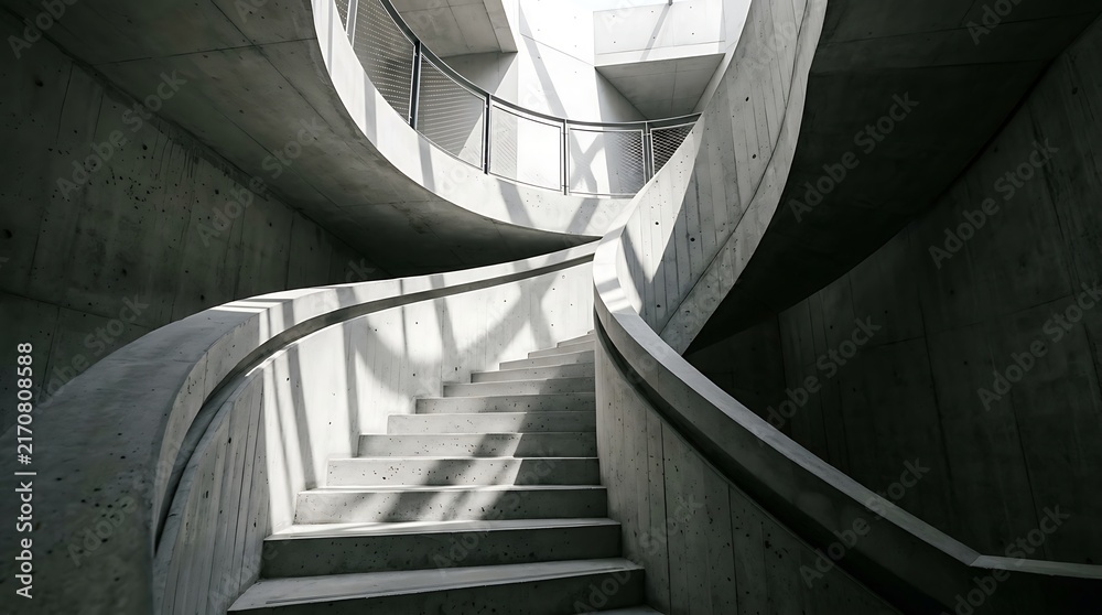 Fototapeta premium Modern concrete spiral staircase with natural light in contemporary building.