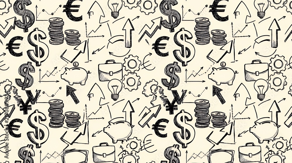 Creative seamlessrepeating tile pattern featuring hand drawn financial illustrations money signs and business doodles in a minimalist sketch style