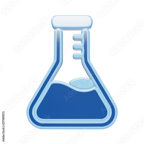 Foto 3D glossy blue erlenmeyer flask icon with liquid and measurement markings for laboratory and scientific research
