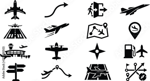Set of aviation and airport travel icons with airplanes, runways, and navigation symbolsSet of aviation and airport travel icons with airplanes, runways, and navigation symbols