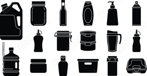 Set of container and packaging silhouette icons for household and food productsSet of container and packaging silhouette icons for household and food products
