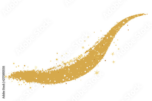 Golden glitter vector swoosh wave illustration featuring sparkling particles and festive stars on white background
