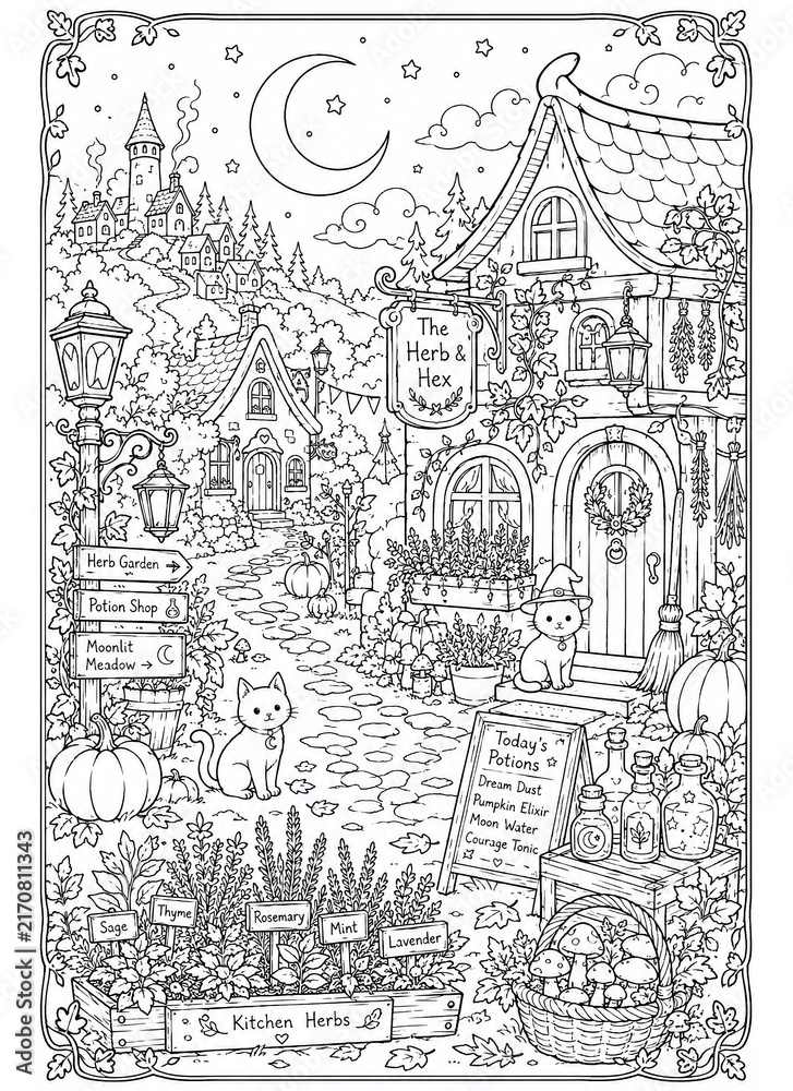 Fototapeta premium Charming witchy autumn village coloring page with tiny cottages, lanterns, pumpkins, mushrooms, crescent moon, friendly cats and herb gardens. Highly detailed black and white line art depicting a cozy