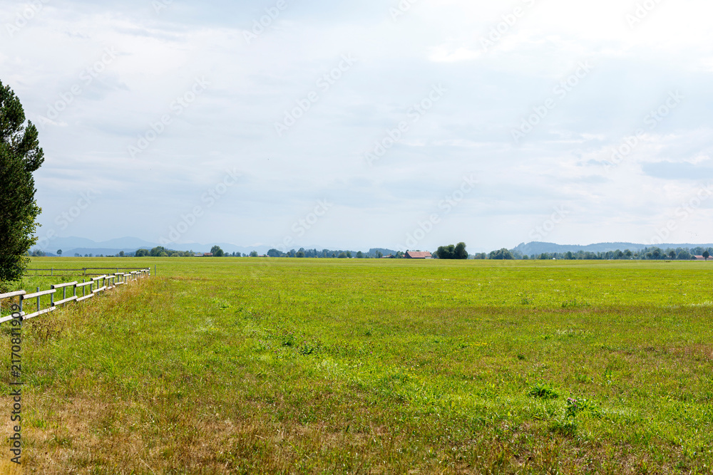 Naklejka premium Wide view of a lush green meadow with a wooden fence, distant mountains, and a cloudy sky.