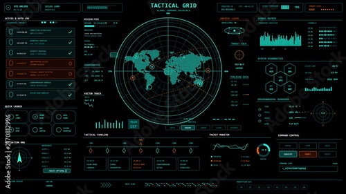 Tactical HUD  finance dashboard user interface with targeting controls, sensor indicators, digital metrics, command panels and futuristic fintech motion graphics