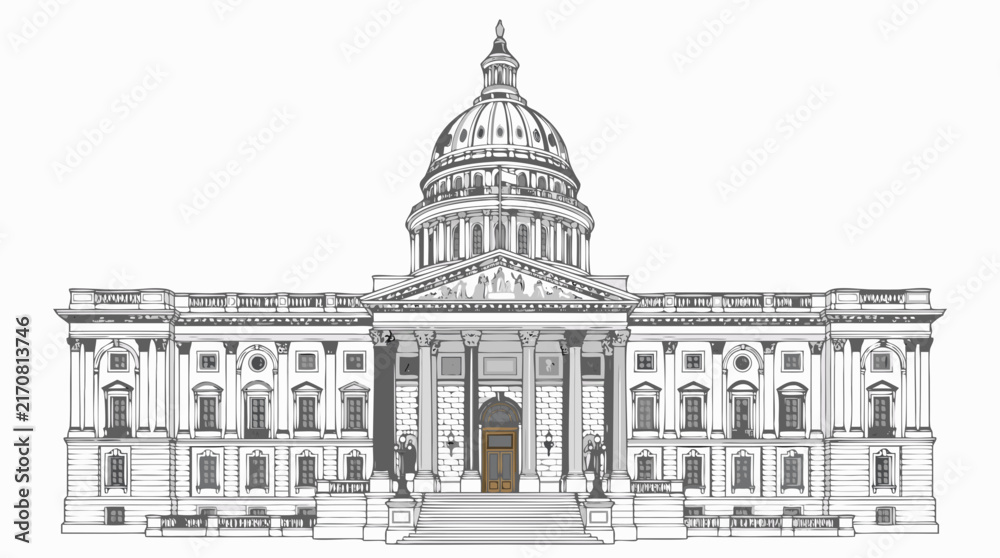 Obraz premium Detailed architectural drawing of a neoclassical government building with a prominent dome and intricate facade, showcasing historical grandeur