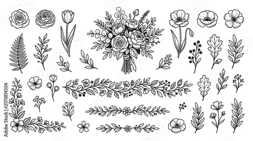 Hand-Drawn Floral Elements and Bouquet Illustration