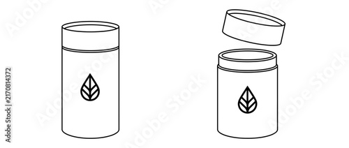 Open and closed cylindrical container with leaf logo, isolated