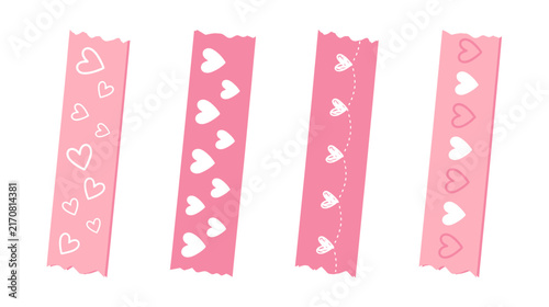 Set of four pink decorative ribbons with heart and bird motifs