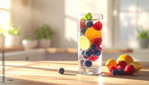Fresh fruit infused water in glass on wooden table.