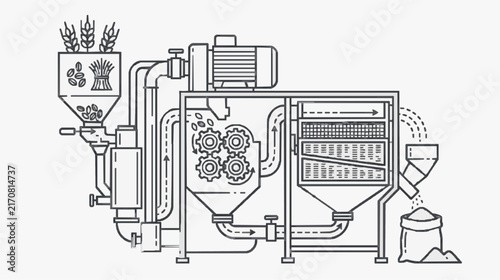 Industrial Coffee Roasting Machine Process Diagram with Gears and Bags