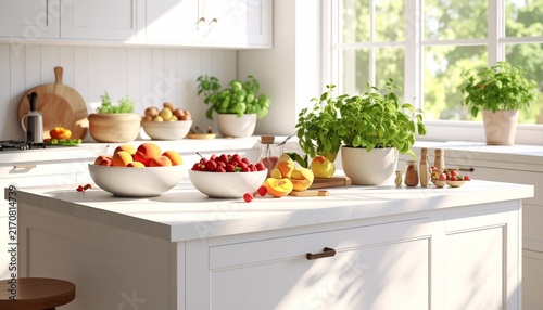 Bright Modern Kitchen with Fresh Fruits and Herbs.