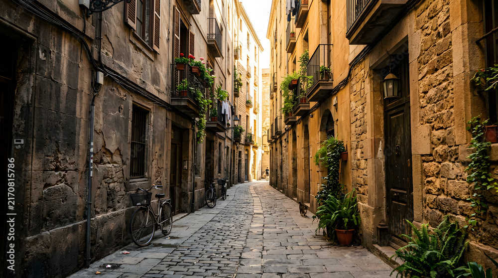 Fototapeta premium A narrow historic European cobblestone street lined with old stone buildings and plants