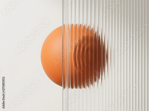 Orange sphere behind a fluted glass texture, isolated on white background