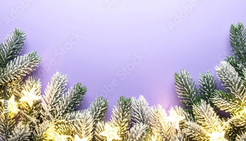 Evergreen branches with festive lights