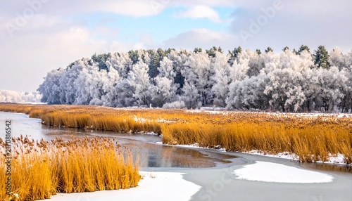 Frozen river with reeds and snowy forest