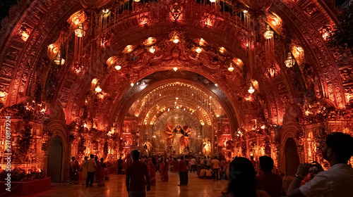 Grand Durga Puja festival pandal with elaborate traditional Indian decorations, glowing lights, Goddess Durga idol and worshippers