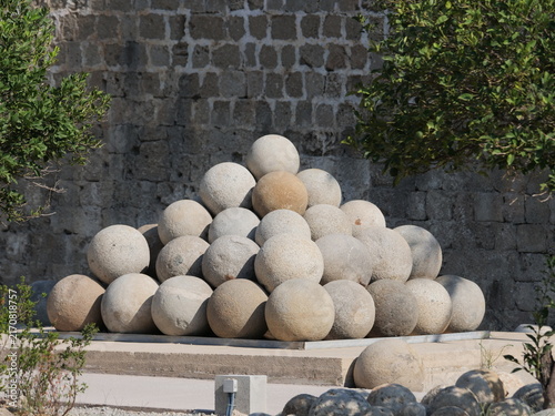 Картината върху платно Projectiles and cannon ammunition made from hewn stone cannonballs, Rhodes, Gran