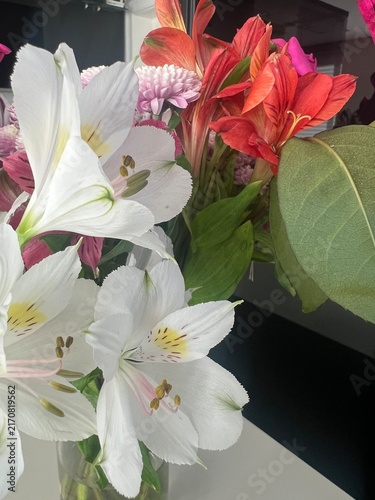 Colorful Floral Bouquet with White and Red Alstroemeria Flowers