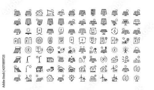 Solar Energy Photovoltaic Home Battery Renewable Power Line Icon Set