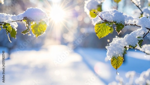 Snowy branches with sunlight bokeh