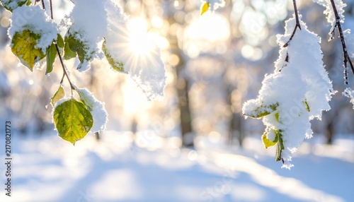 Snowy branches with sunlight bokeh