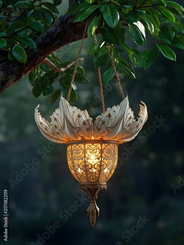 Watercolor Floral Lantern Hanging from Tree Branch with Lush Foliage