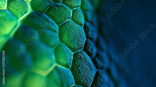 Macro shot of glowing green plant cells under a microscope