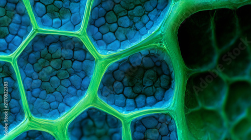 Macro shot of glowing green plant cells under a microscope