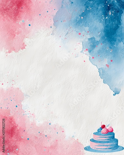 Watercolor birthday background with pink and blue splashes, cake and copy space