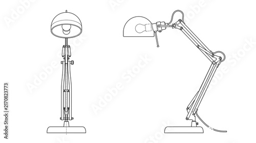 Architectural drafting illustration of an adjustable task lamp showing front and side technical orthographic projection views