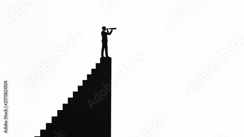 Minimalist business strategy banner with copy space showing executive searching horizon from ladder top