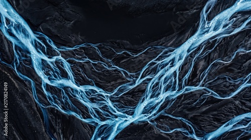 Stunning Aerial View of Glacial River with Turquoise Water and Dark Land Texture