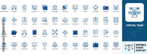 Virtual team line art icons set video meeting, online meeting, webinar, collaboration, remote work, team management, teamwork, video call, Web icon, App icon, Outline icon, Editable stroke, line art 