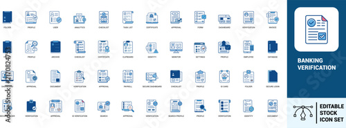 Banking verification line art icons set verification, approval, profile, document, certificate, checklist, identity, secure login, dashboard, Web icon, App icon, Outline icon, Editable stroke, line ar