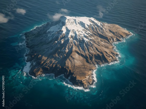 Snowy Hilly Island with Crystal Clear Water Aerial Landscape