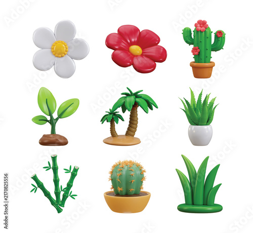 3D Tree and Flower Collection with White and Red Flowers, Cactus, Plant Sprout, Palm Tree, Aloe Vera, Bamboo and Grass icon Vector Illustration 