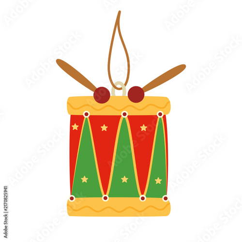 Christmas tree ornament, drum. Flat style vector illustration for holiday decoration.