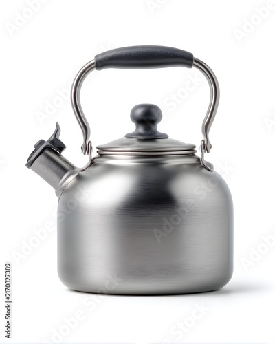 Minimal stainless steel water kettle with matte finish, kitchen appliance isolated on white background