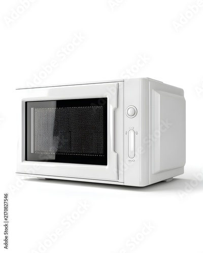 Minimal white microwave oven with glass door, home appliance isolated on white background