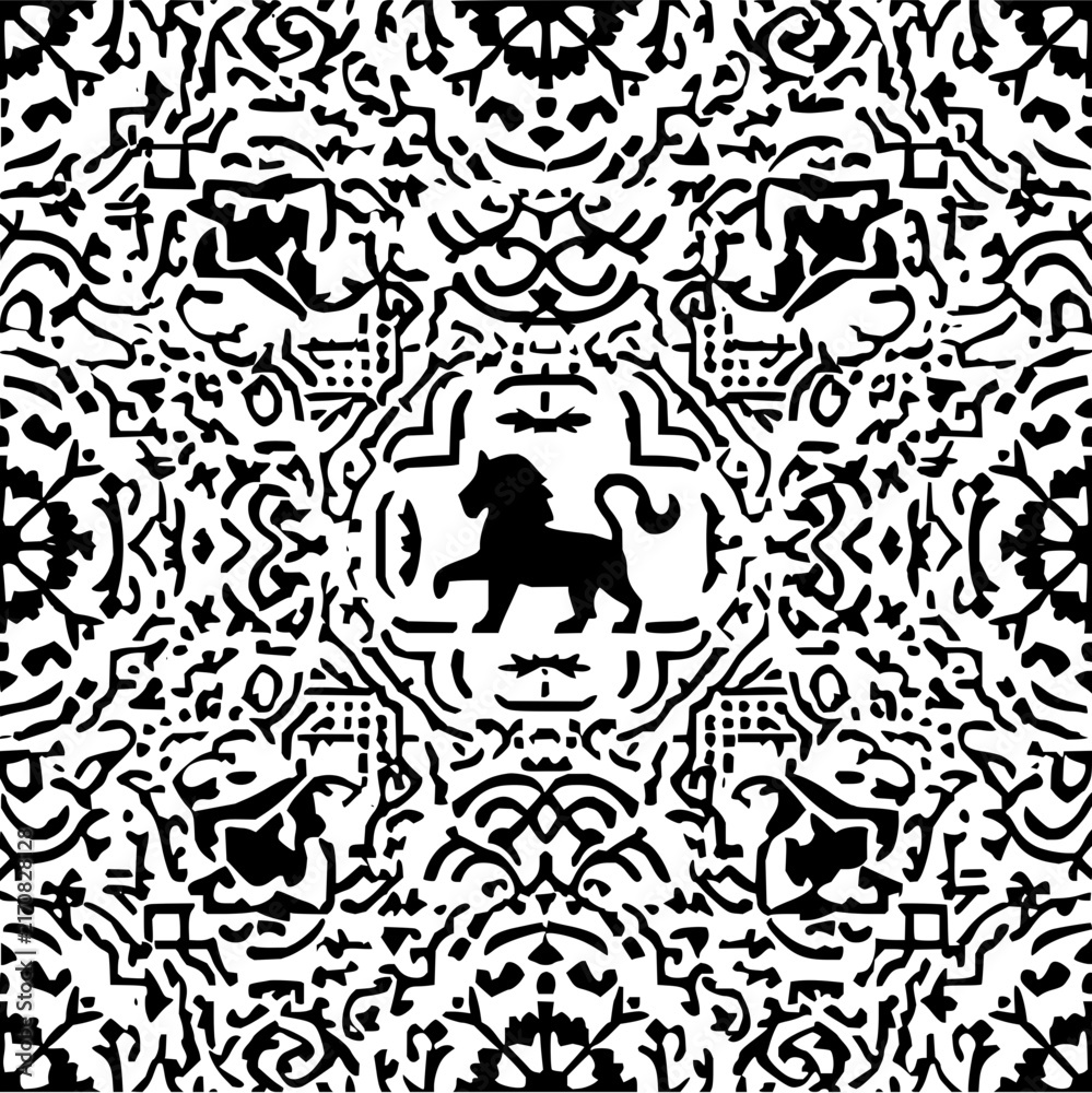 Obraz premium Detailed monochrome pattern featuring a central lion motif surrounded by intricate designs and shapes