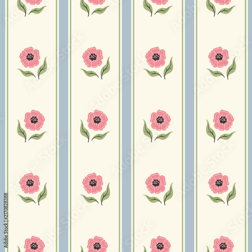 Seamless vertical stripe pattern featuring stylized pink flowers with dark dotted centers and green leaves.