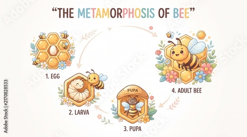 Educational Illustration showing the Honey Bee Life Cycle Metamorphosis from Egg and Larva to Pupa and Adult Bee