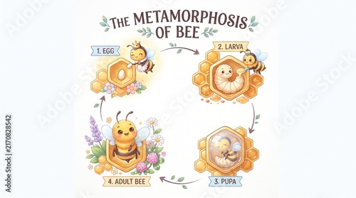 Cute educational illustration of the honey bee life cycle showing four developmental stages from egg to larva pupa and adult insect