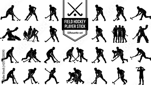 Field Hockey Player Stick Silhouette Set Black White Sport Bundle Vector Illustration Isolated White Background	
