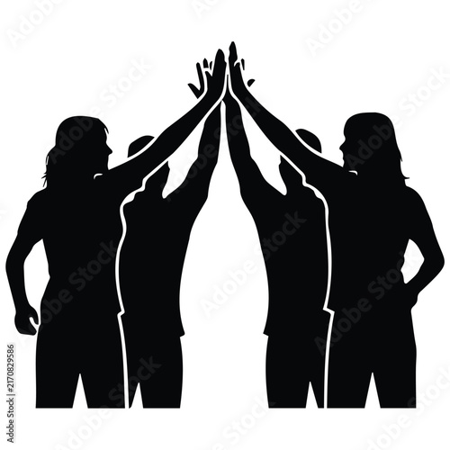 Group of people giving high five silhouette illustration for celebrating success and unity, black and white teamwork line art.