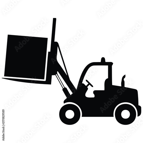 Industrial forklift silhouette vector illustration with cargo box for logistics operations.